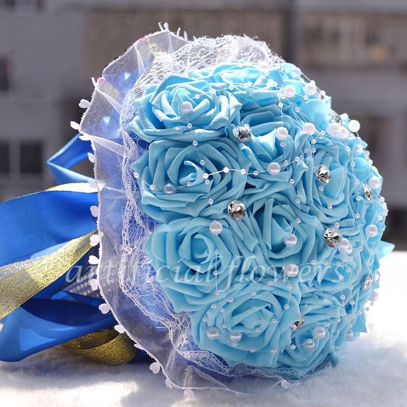 Mariage - Silk Flowers Wedding Bouquets Bride And Bridesmaid Artificial Flowers Blue Tall 28CM [13050545] - $36.68 : cloneflower.com