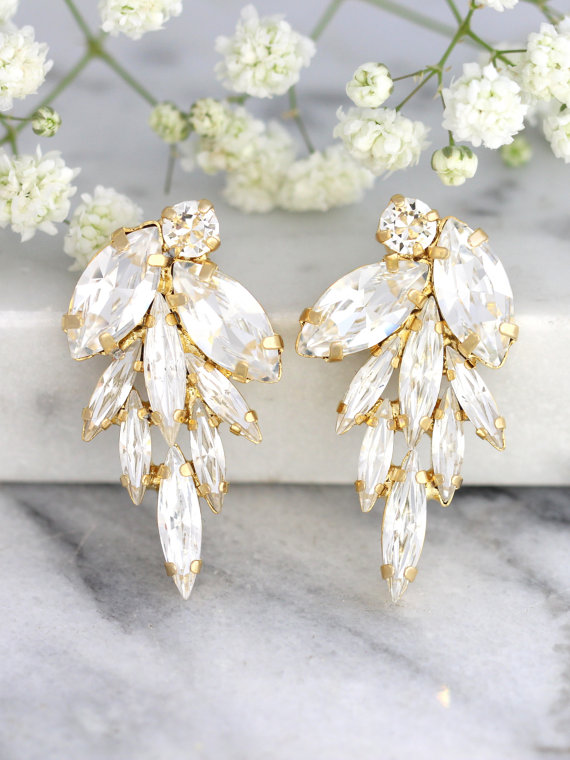 زفاف - Bridal white Crystal Cluster Earrings, Swarovski Bridal Earrings, Bridal Earrings,Statement Bridal Earrings, Silver Bridal Crystal Earrings