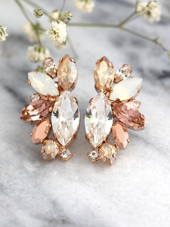 زفاف - Rose Gold Champagne Cluster Earrings,Blush Bridal Earrings,Bridal Rose Gold Earrings,Bridesmaids Earrings,White Opal Champagne Studs
