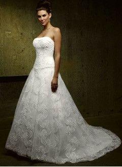 Mariage - A-Line/Princess Strapless Chapel Train Lace Wedding Dress With Embroidered Beading