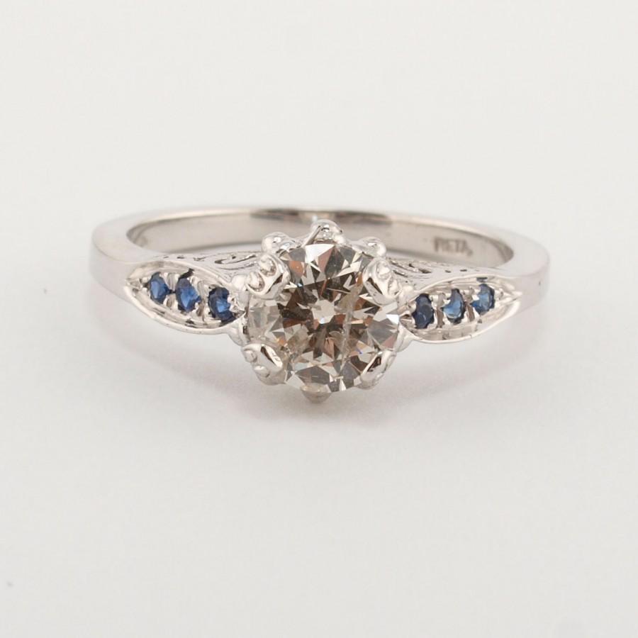 Wedding - Art Deco Engagement Ring, Sapphire Engagement Ring, Diamond Ring, Unique Diamond Ring, 14K Gold Ring