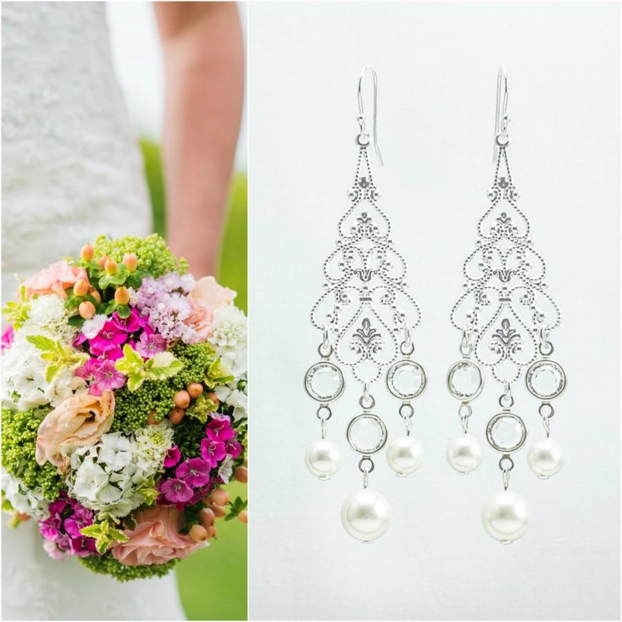 Свадьба - Pearl and Crystal Bridal Earrings, Big Earrings, Pearl Bridal Jewelry, Statement Earrings, Long Wedding Earrings, Pearl Bridal Earrings