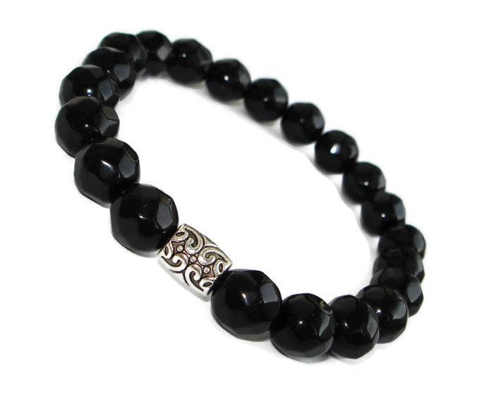 Свадьба - Black agate bead gemstone bracelet for her beaded stretch bracelet for woman birthday gift for mother of bride power protective bracelet
