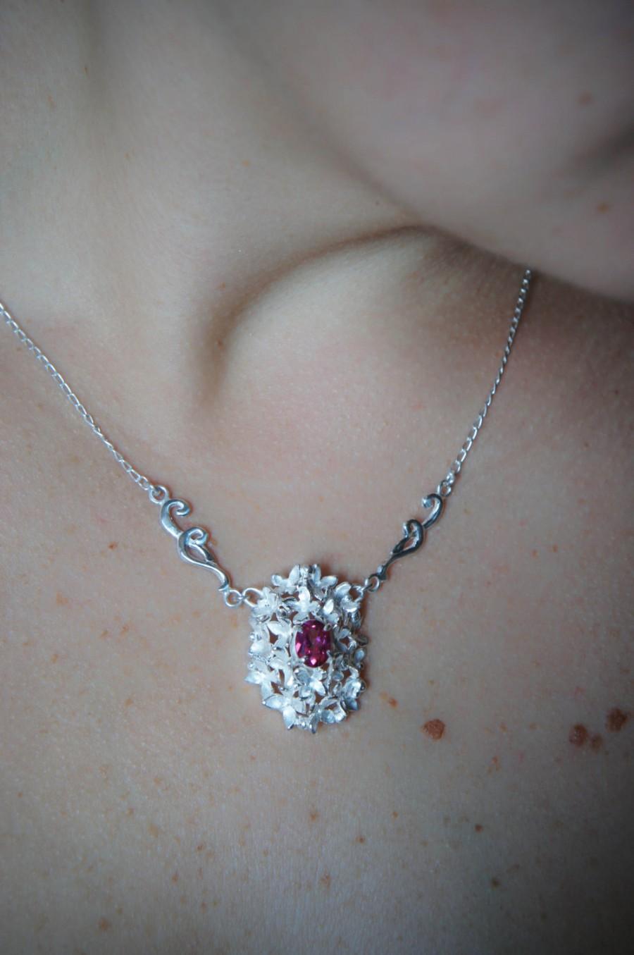 زفاف - Bridal necklace, flower necklace, sterling silver, pink topaz pendant, wedding necklace, bridal jewelry, floral jewelry, heirloom, romantic