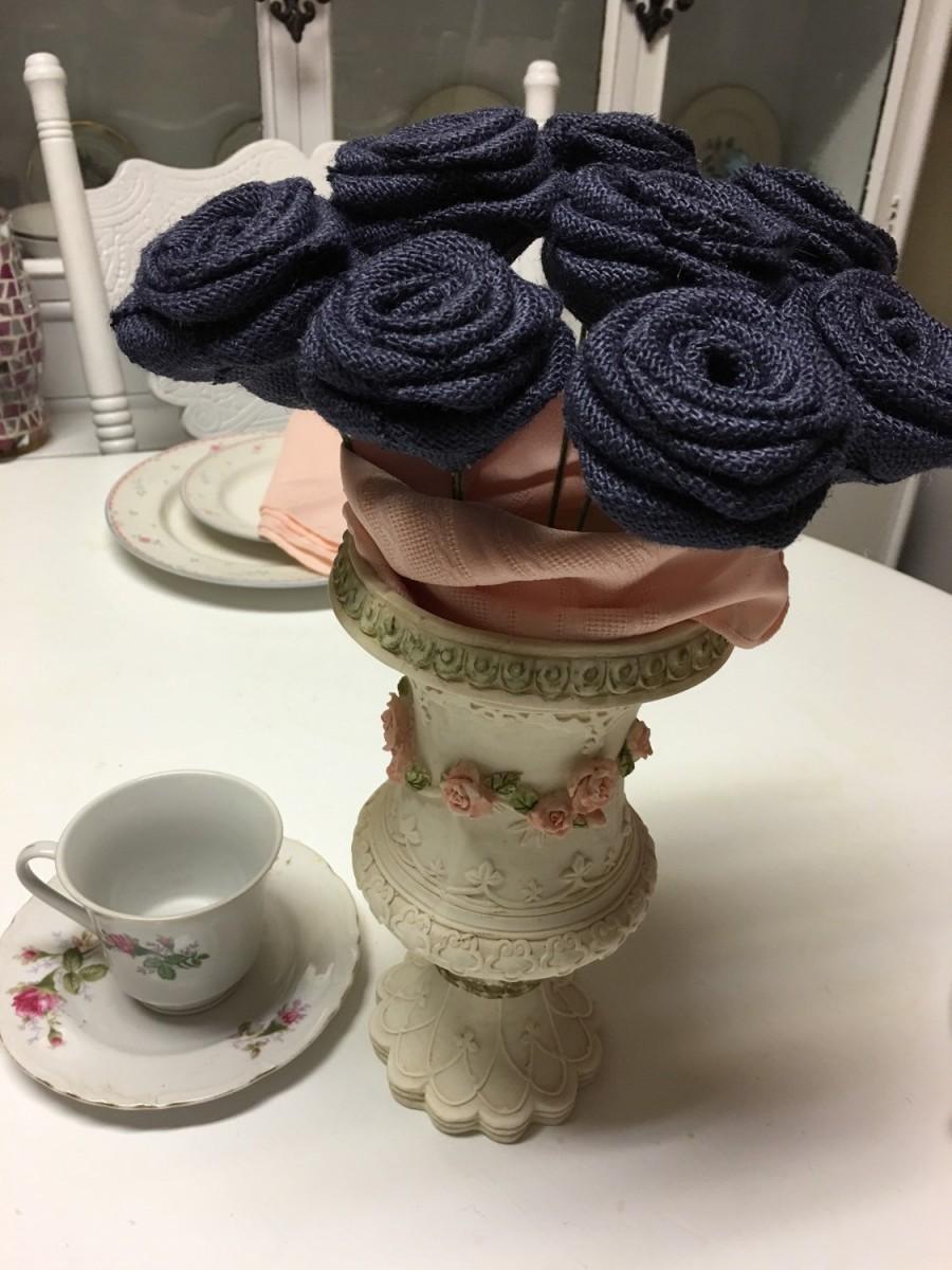 Wedding - 6 (six)Navy Burlap Roses on Stems- Wedding Bouquets-Floral arrangements-