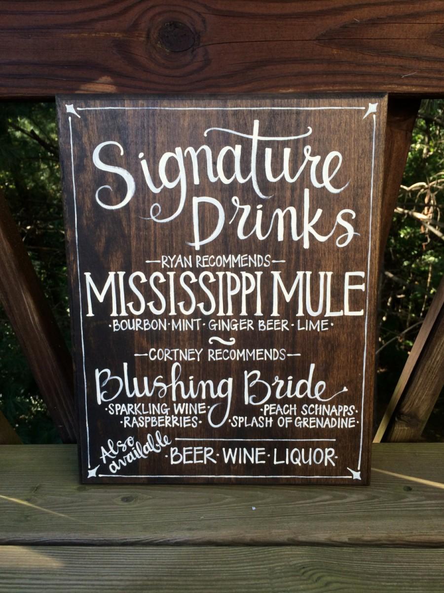 Hochzeit - Custom Signature Drinks Sign - Bride & Groom - Walnut Stain Background