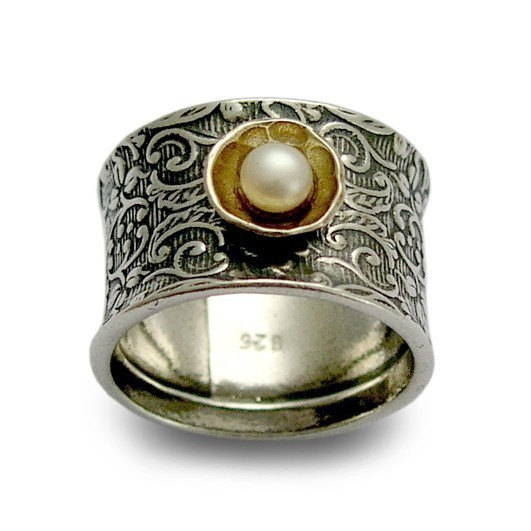 Свадьба - Silver Botanical band, Sterling silver filigree band with yellow gold and pearl, June birthstone Bridal Jewelry moorish style Statement ring