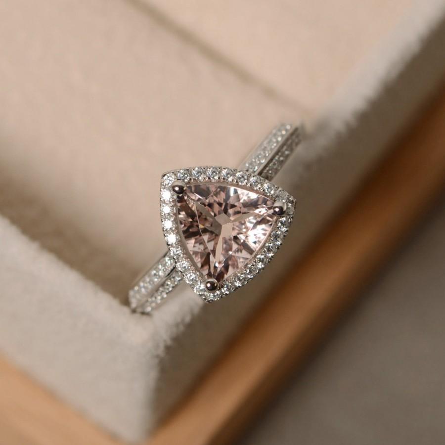 Wedding - Morganite engagement ring, morganite ring, sterling silver, trillion cut ring
