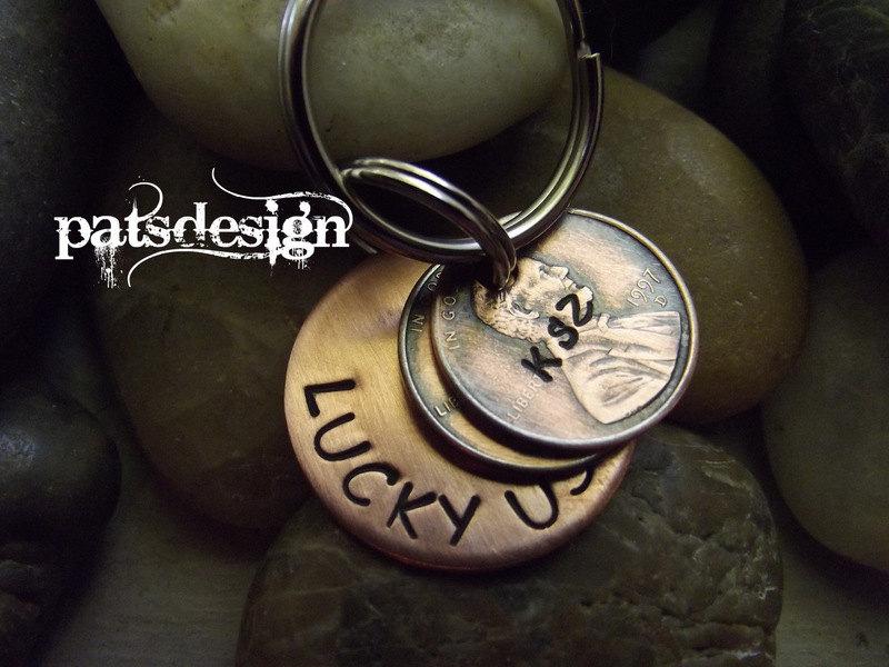 Свадьба - Lucky Us Copper Keychain with two lucky pennies