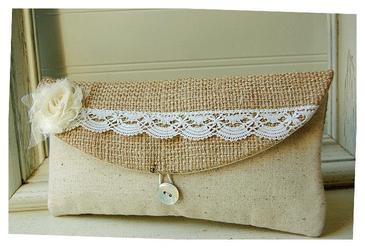 Mariage - burlap lace wedding, set of 7, bridesmaid clutch, rustic wedding, Bags and purses Personalized Bridesmaid Gift Bridesmaid Clutch burlap lace
