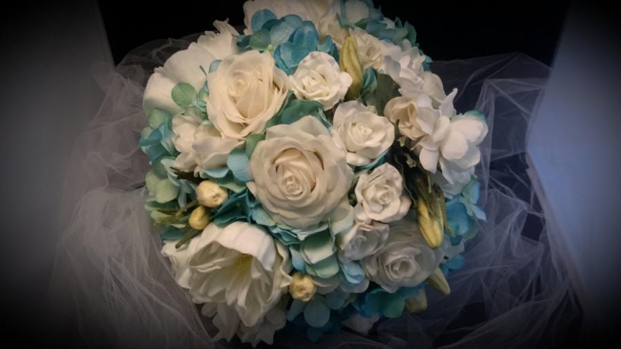 Wedding - Blue Hydrangeas Bouquet, White  Peonies Bouquet,  White Rose Bouquet,  Blue and White Bouquet  "Miss Tifanie"