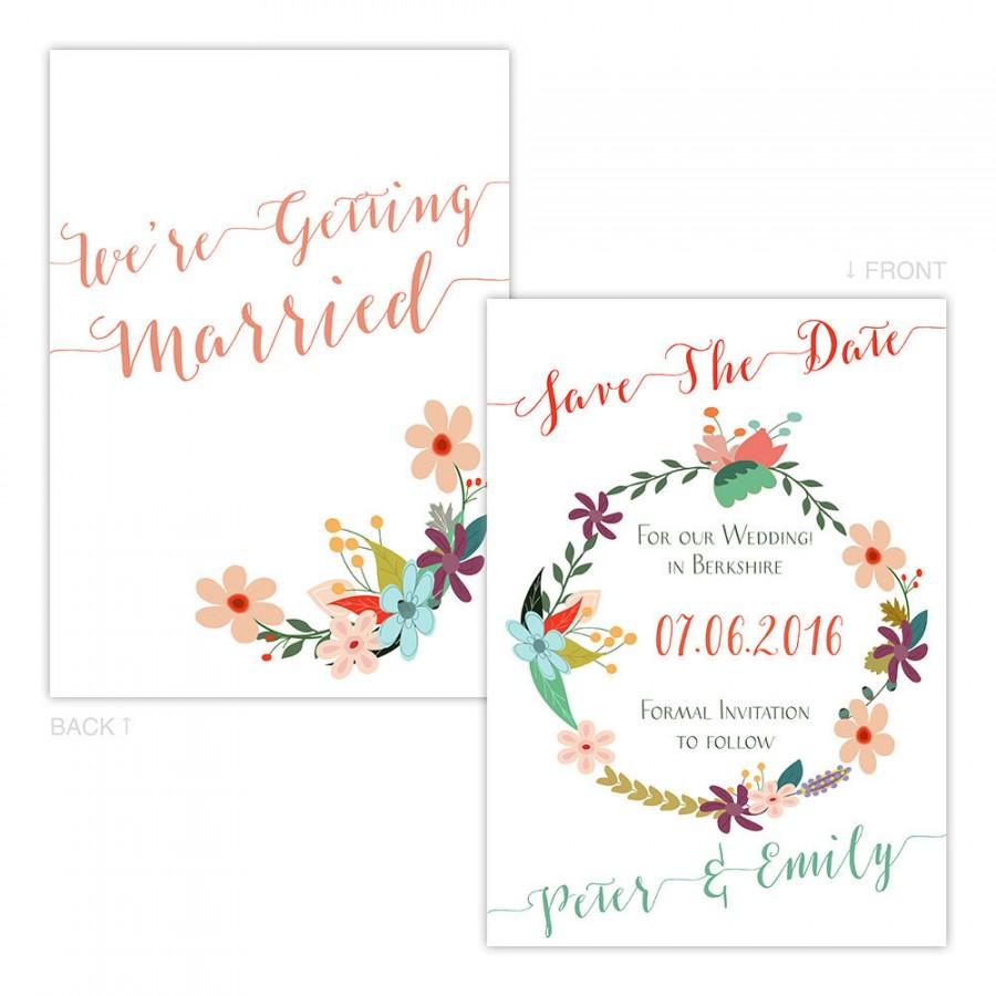 Wedding - Vintage printed Save the date cards coral & mint floral garland including white quality envelopes (Pack of 10)