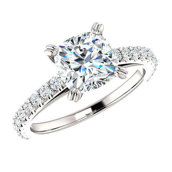 Hochzeit - 7mm Cushion Forever One Moissanite & Diamond Engagement Ring 14k White Gold, 18k or Platinum, Moissanite Rings for Women Raven Fine Jewelers