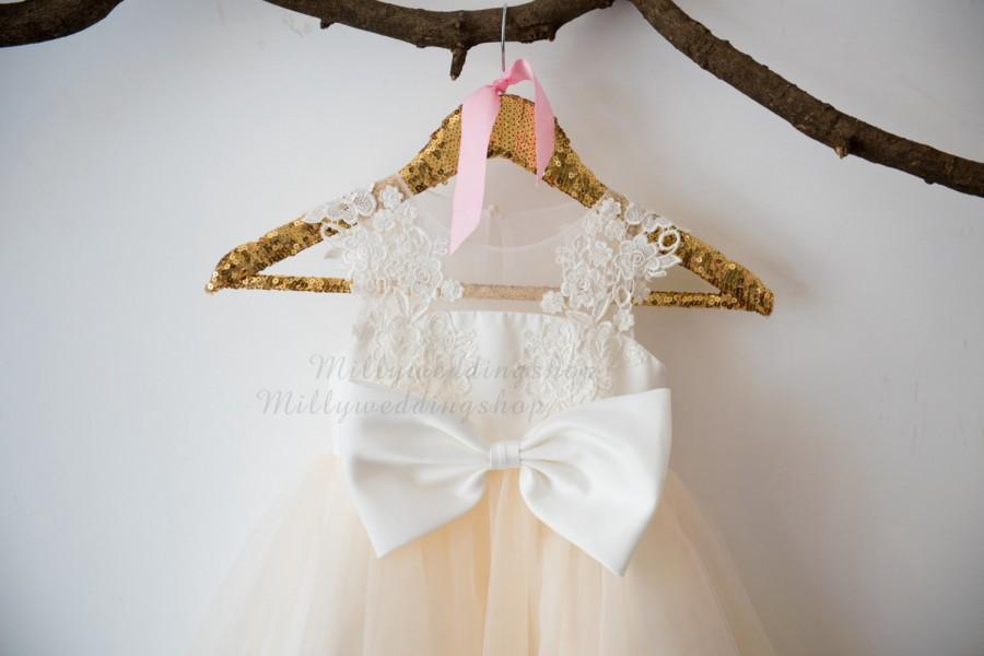 Mariage - Ivory Lace Champagne Tulle Flower Girl Dress Wedding Bridesmaid Dress with Big Bow M0035