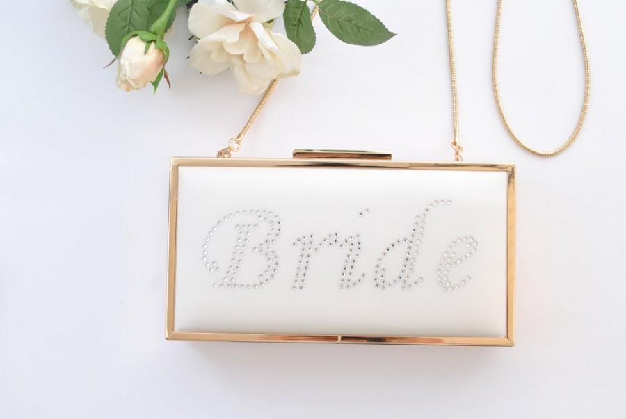 Hochzeit - Rhinestone BRIDE - Bridal clutch/ Off white/Box clutch 8.5x4.5 inches - FREE SHIPPING