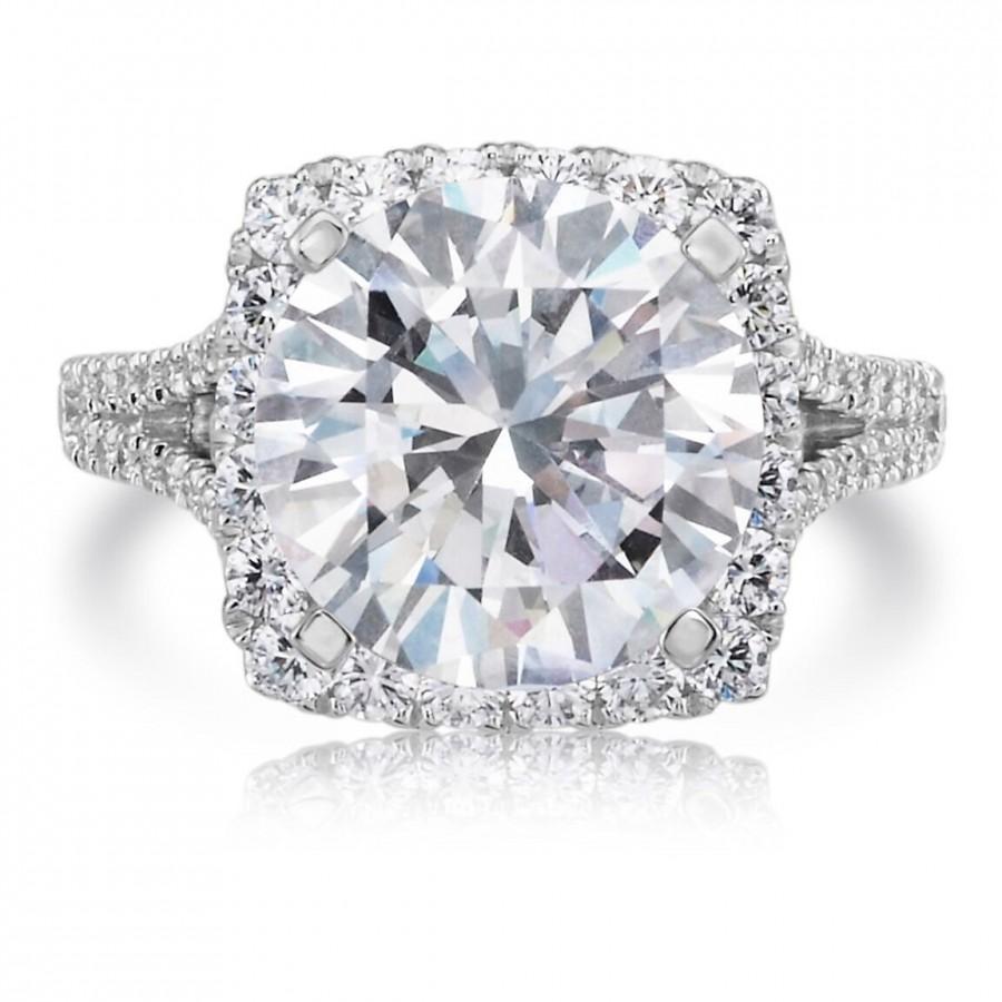 Hochzeit - Platinum Diamond Engagement Ring 10mm Round Brilliant Cut Forever Brilliant Moissanite and 2.36cttw Round Natural  Diamonds Anniversary Ring