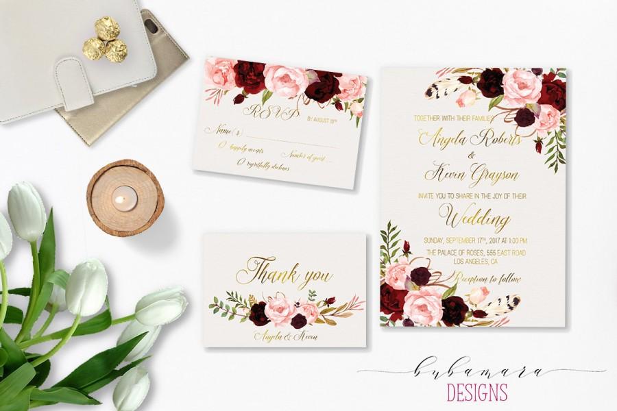 Mariage - Marsala Wedding Invitation Suite Burgundy Pink Digital Gold Letters Bohemian Wedding Invite Set Floral Printable Wedding Invite - WI018