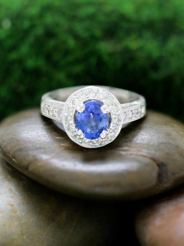 زفاف - Ceylon Blue Sapphire and Diamond Engagement <Prong/Pave> Solid 14K White Gold (14KW) Wedding Ring *Fine Jewelry* (Free Shipping)