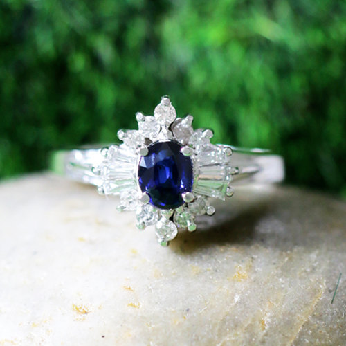 زفاف - Blue Sapphire and Round & Baguette Diamond Engagement <Prong> Solid 14K White Gold (14KW) Colored Stone Ring *Fine Jewelry* (Free Shipping)
