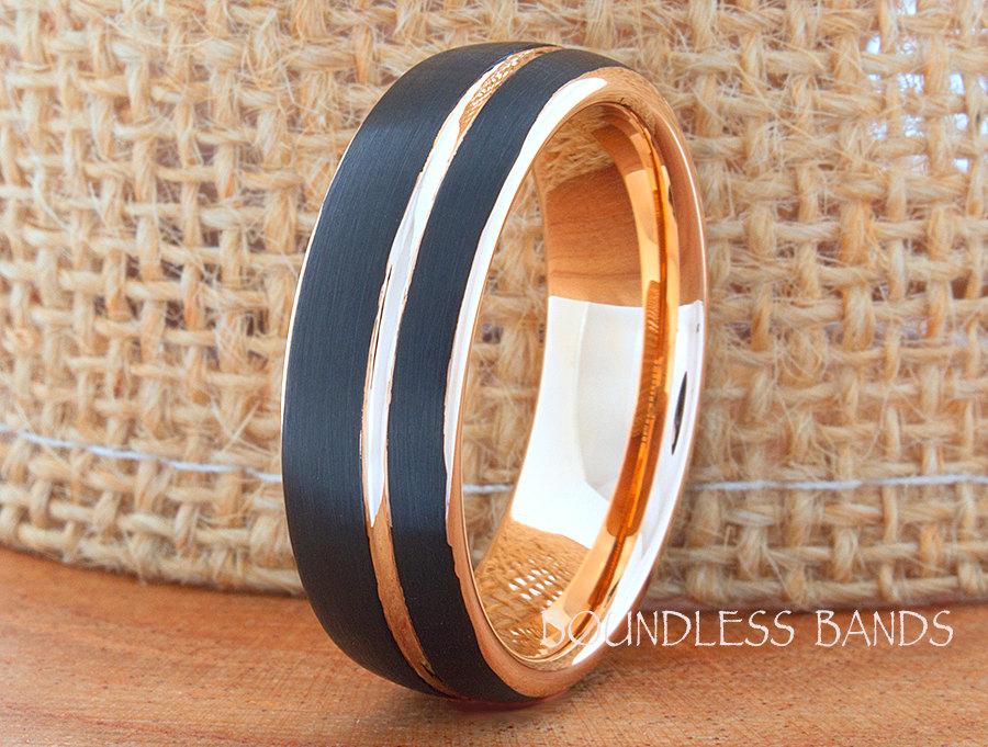 Wedding - Rose And Black Tungsten Wedding Ring Dome Brushed Tungsten Wedding Band Anniversary Ring Promise Ring Comfort Fit Band FREE Laser Engraving