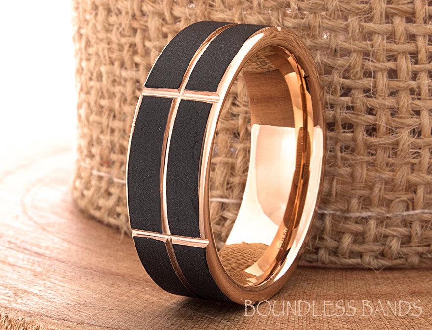 زفاف - Rose Gold And Black Tungsten Ring Wedding Band Promise Ring Anniversary Black And Rose 7mm Two Tone Rose Gold Ring Flat Grooved Comfort Fit