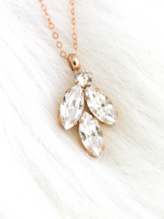 زفاف - White Crystal Bridal Necklace, Bridal Rose Gold Necklace, White Crystal Cluster Necklace,Bridal Necklace,Gift for her,Bridal Silver Necklace