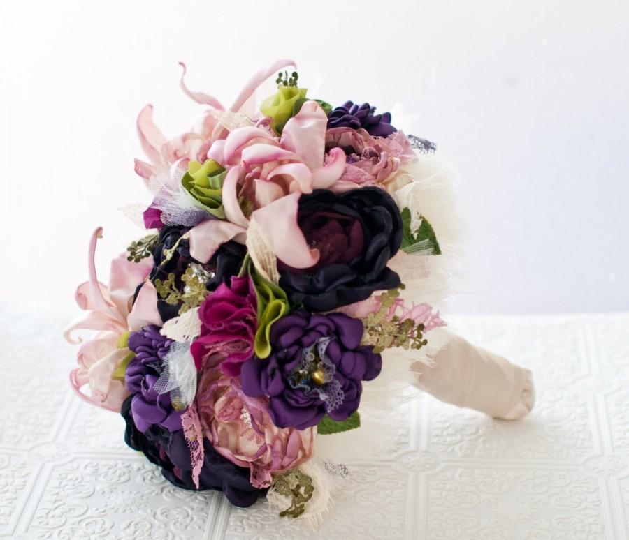 Hochzeit - SALE Brooch Bouquet, Fabric Flower Tropical Wedding Bouquet, rhinestone pearl brooches, purple magenta, bright lime, summer wedding beach