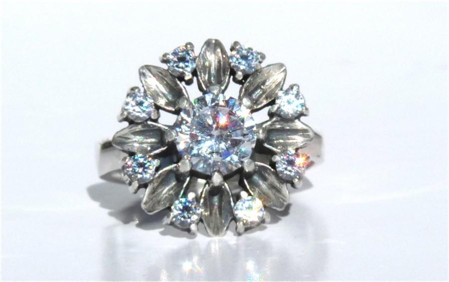 زفاف - Sterling silver Russian cubic zirconia camomile flower ring Art deco engagement ring