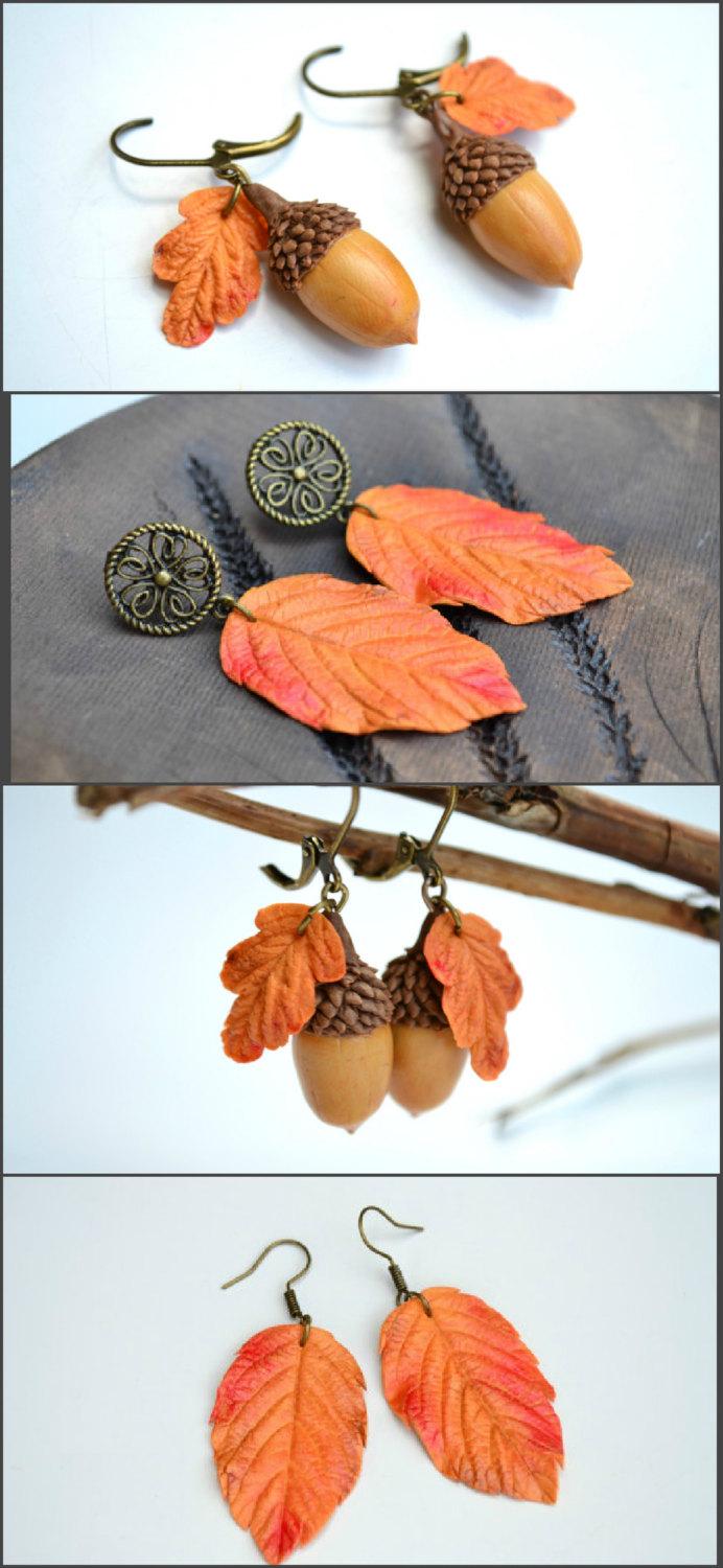 Свадьба - Acorn earrings. Autumn oak acorn leaves earrings. Autumn jewelry. Fall yellow leaves leafes earrings. Natural earrings.Polymer clay earring