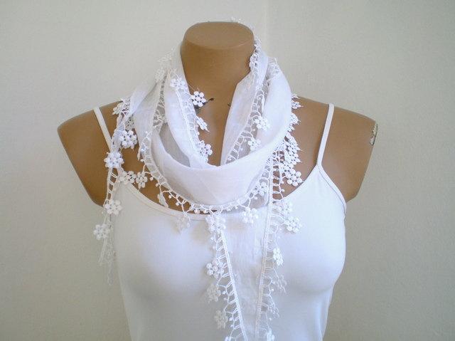 Mariage - White Bridal Scarf Wedding Shawl, Cotton Scarf, Cowl with Lace Edge Flowers