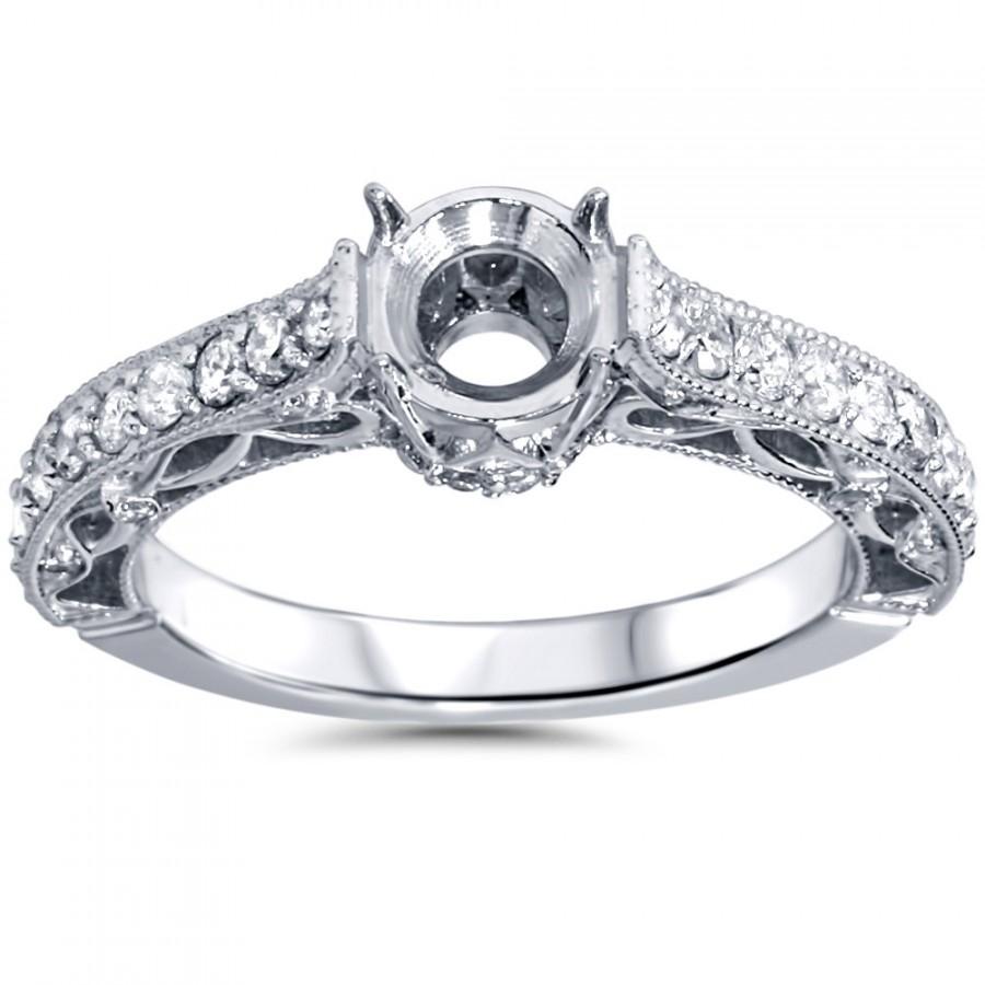 Hochzeit - Dimond Vintage Engagement Ring Setting Filigree Semi Mount Antique Deco Style .65CT In 14K White Gold Fits 6-6.5mm