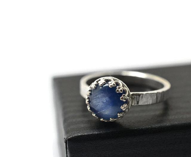 Wedding - Kyanite Ring, Natural Blue Gemstone Jewelry, Silver Tree Bark Ring, Kyanite Jewelry