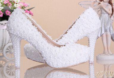 زفاف - Women Brides Fashion White Flowers Lace Platform High Heels Pearls Wedding Shoes