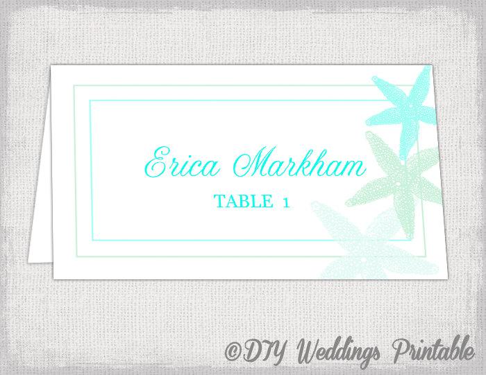 Mariage - Beach Place card template "Starfish" printable destination wedding name cards / escort card in Turquoise, mint & aqua Word instant download