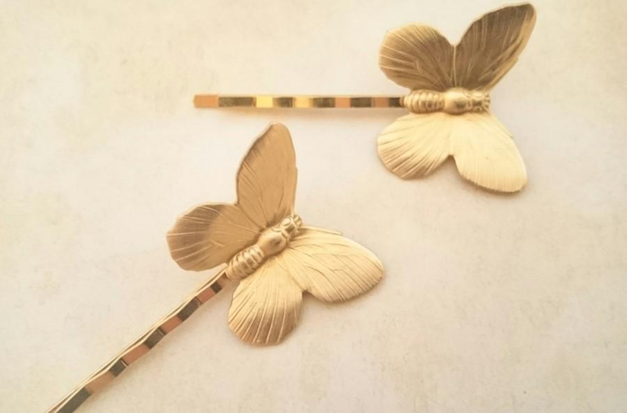 Wedding - Flying Butterfly Hair Pins Gold Butterflies Bobby Pins Brass Hair Pins Butterflies Hair Clips