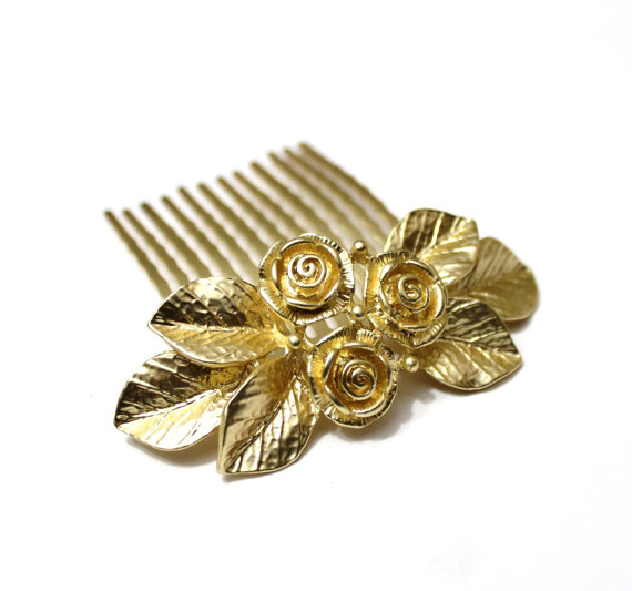 Wedding - Bridal Hair Comb, Gold Rose Flowers, Wedding Hair Accessory, Gold Leaf Hair Comb, Vintage Wedding Garden, Wedding Flower Comb