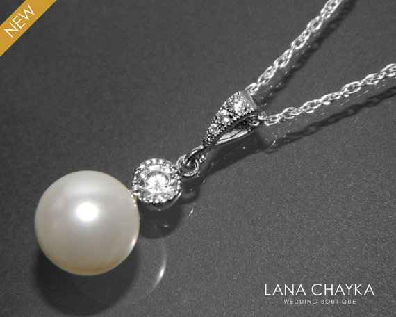 Hochzeit - White Pearl Bridal Necklace Swarovski 10mm White Drop Pearl Cubic Zirconia Necklace Wedding Single Pearl Pendant White Pearl CZ Jewelry
