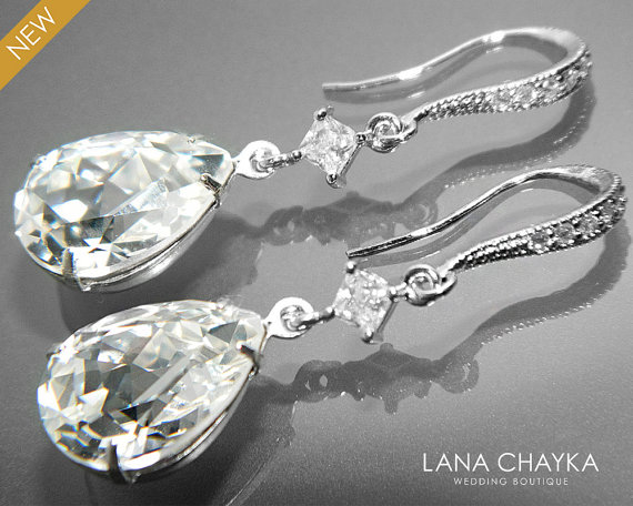 Hochzeit - Clear Crystal CZ Bridal Earrings Swarovski Rhinestone Teardrop Earrings Bridesmaid Jewelry Crystal Silver Dangle Earring Chandelier Earrings