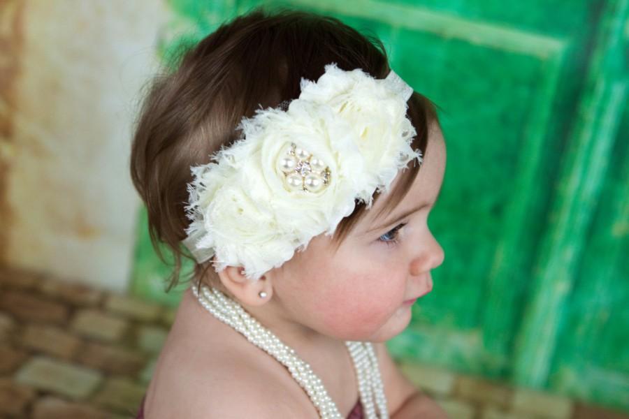 Wedding - Flower Girl Headband. Ivory Flower Girl Headband. Ivory Flower Headband. Flower Girl Hair Accessories. Ivory Baby Headband. Baptism Headband