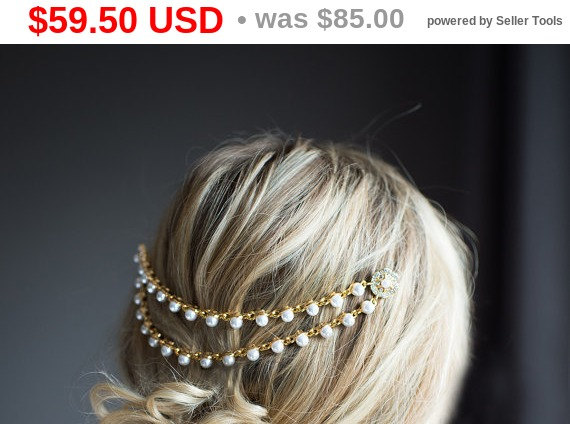 Hochzeit - SALE 30% OFF Gold Pearl Bridal Hair Chain, Wedding Hair Wrap, Pearl Grecian Headpiece, Gold Draped Hair Comb, Gold Wedding Hair Comb - 'L...