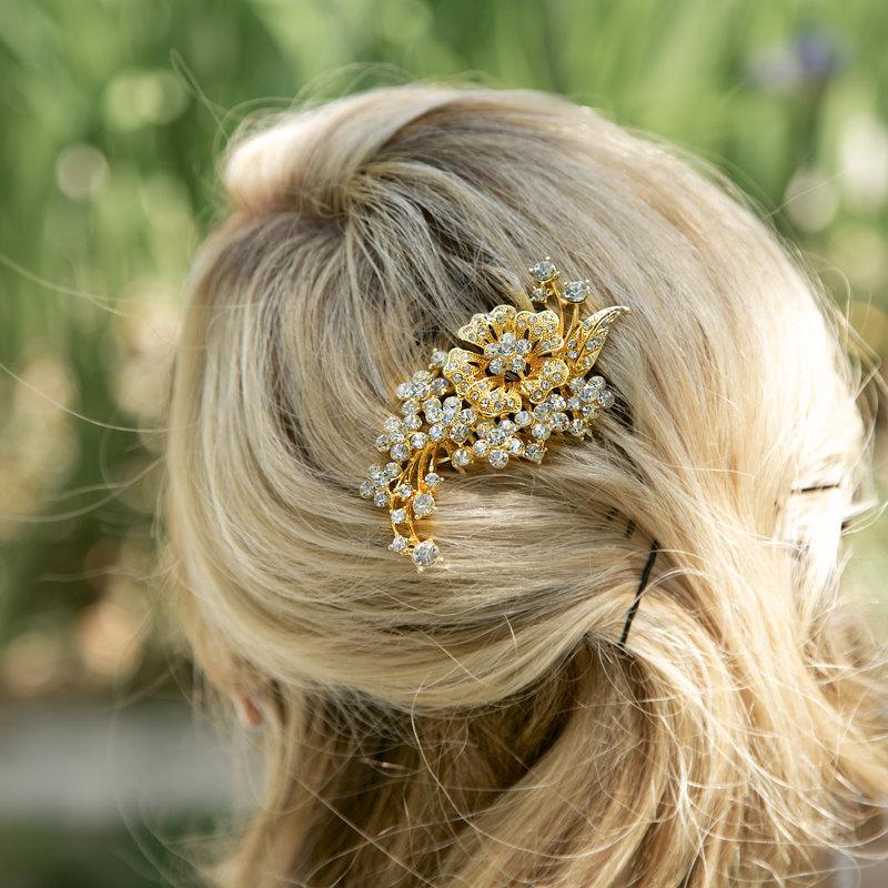 Mariage - Gold Crystal Hair Comb, Rhinestone Bridal Hair comb Vintage Hair Brooch Wedding Jewel Comb Classic Wedding Hair Accessories - Ready to Ship