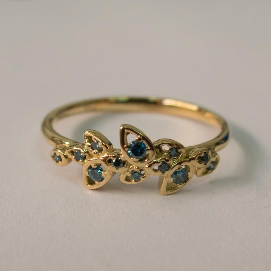 Hochzeit - Leaves Engagement Ring  - 14K Gold and Blue Diamonds engagement ring, unique engagement ring, leaf ring, antique, art nouveau, vintage, 11