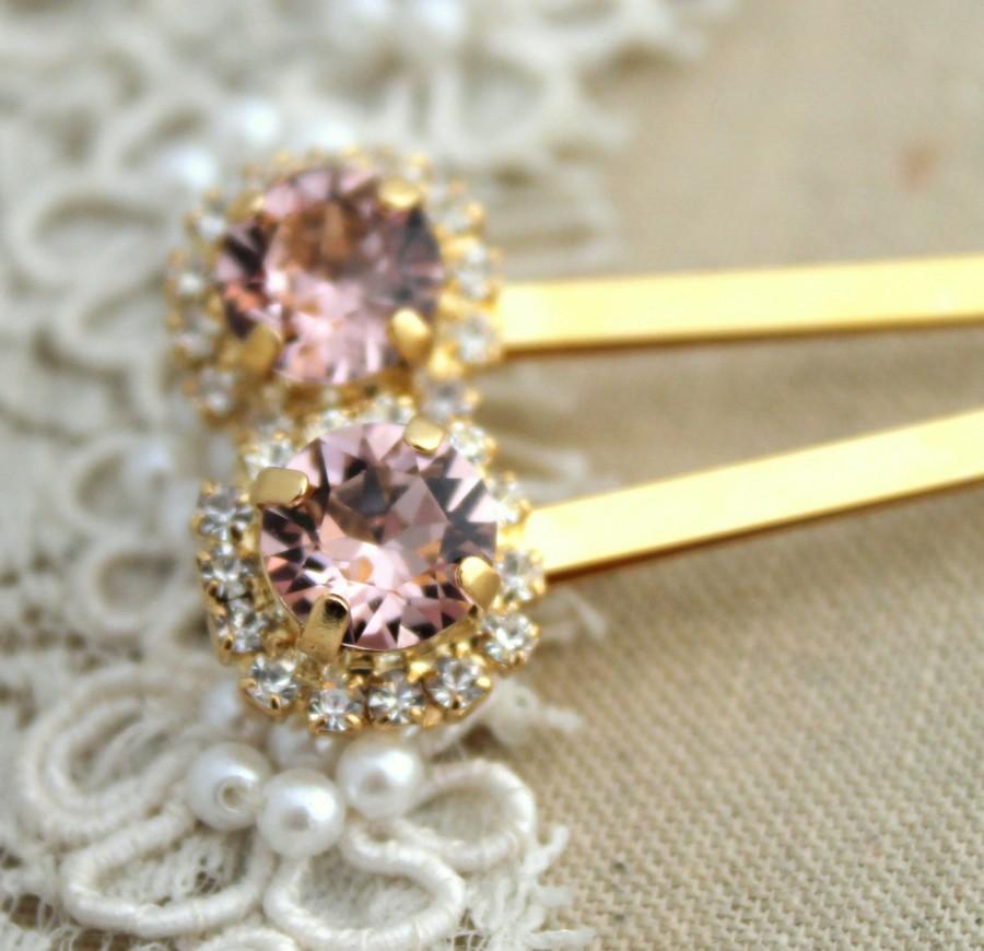 Wedding - Vintage Pink blush light peach Bridal Bobby pins Swarovski crystal  Rhinestone hair accessories - 14k Gold plated aqua pink crystals