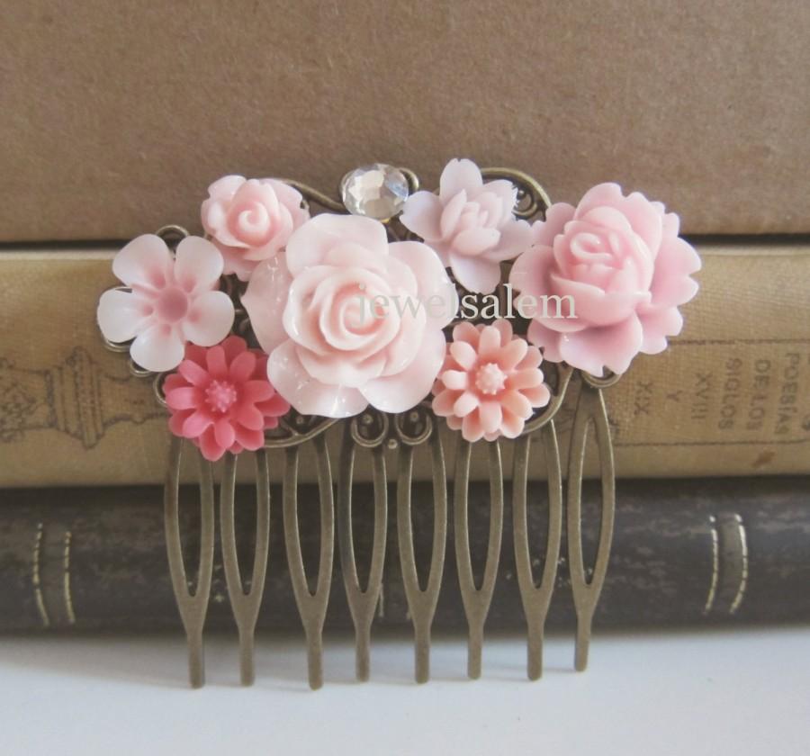 زفاف - Soft Pink Wedding Hair Comb Blush Tea Rose Champagne Bridal Head Piece Bridesmaid Gift Flower Floral Dreamy Romantic Pastel Warm Tone