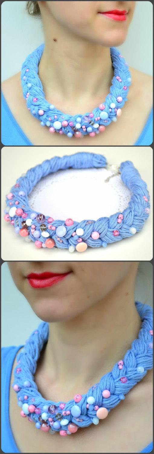 Mariage - Cotton fabric chunky necklace. Serenity cornflower blue pink cotton beaded crochet necklace jewelry, statement trending chocker necklace
