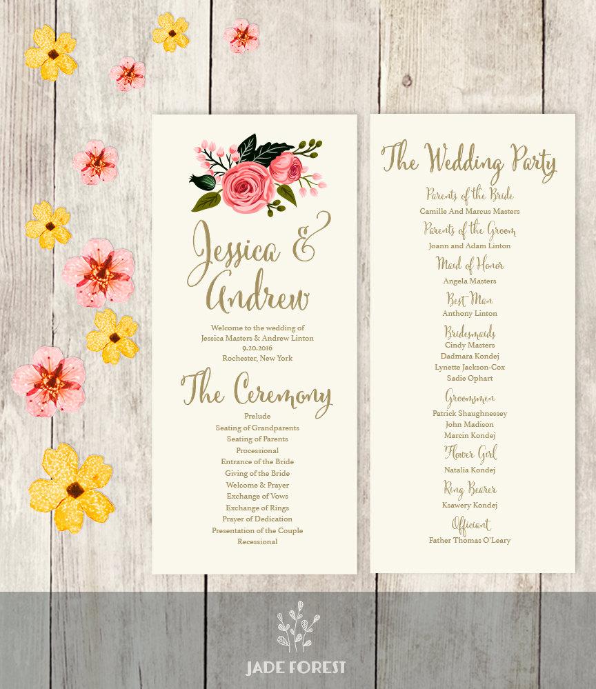 Wedding - Floral Wedding Program Printable / Watercolor Flower, Gold Calligraphy, Pink Rose on Cream / Wedding Party / Ceremony Program ▷Printable PDF