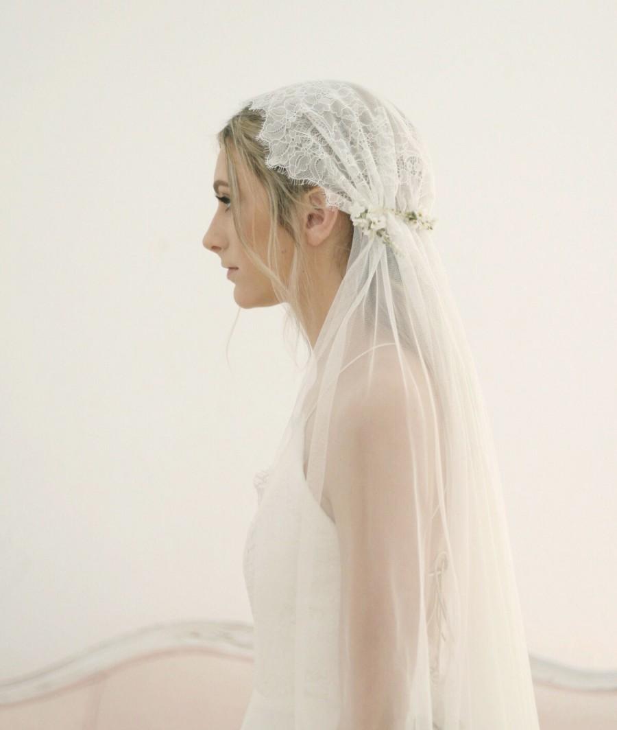 Wedding - The Sarah Veil-Floral Chantilly Lace Juliet Cap Veil created with ivory cream intricate lace, soft flowing english net & small cream flowers