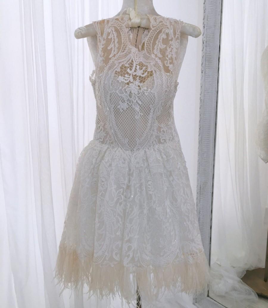 Hochzeit - Short Wedding Dress Lace  Second Bridal Dress beach wedding dress, Ballerina dress from lace and feathers, cool short wedding dress