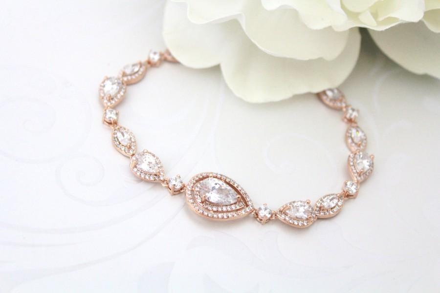 Hochzeit - Rose Gold bracelet, Crystal Bridal bracelet, Wedding jewelry, Tennis bracelet, Wedding bracelet, Teardrop bracelet, CZ bracelet, Cuff