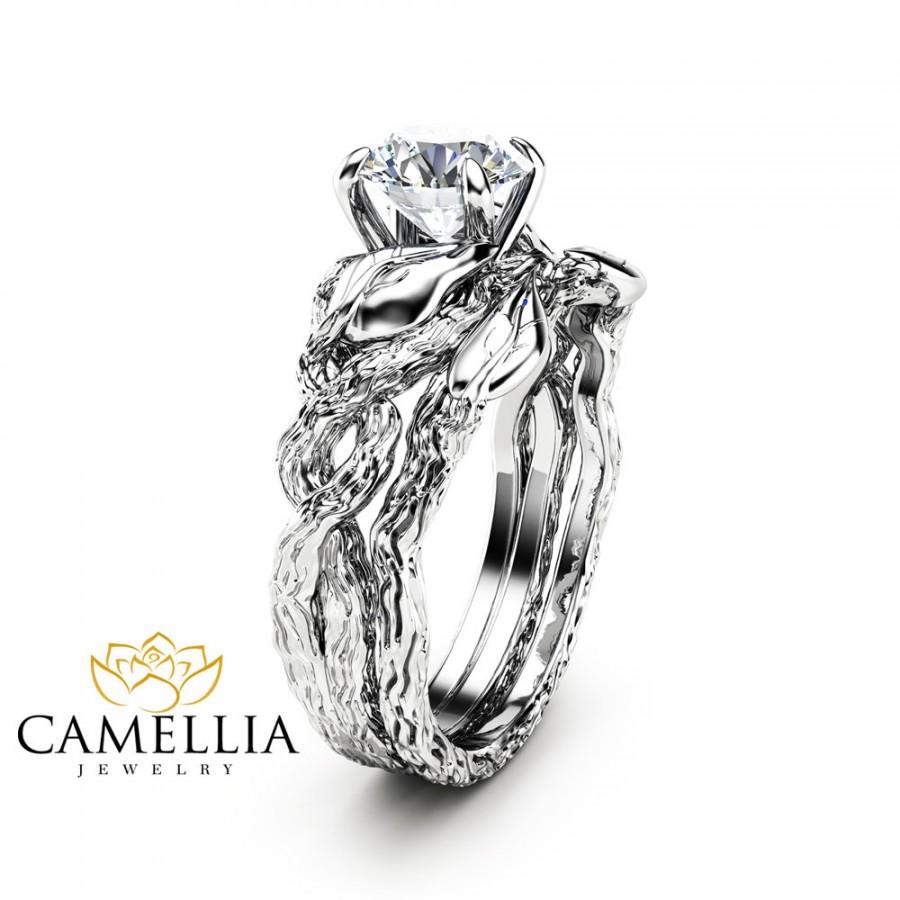 Wedding - Nature Inspired Moissanite Engagement Ring Set 14K White Gold Engagement Rings Branch and Leaf Moissanite Rings